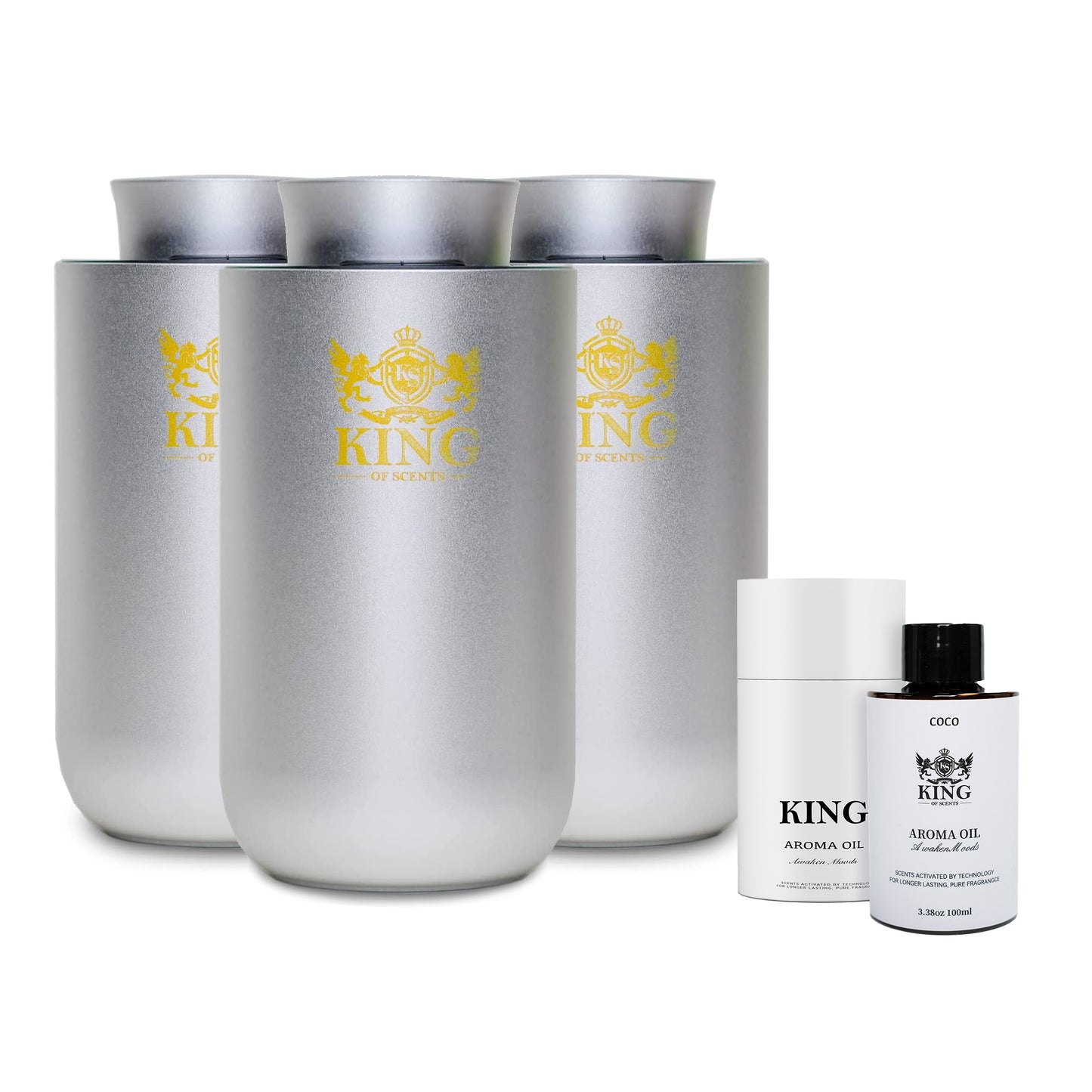 King Of Scents Aroma Essential Oils Diffuser Operated Cordless Nebulizer Car Diffusers for Essential Oils Large Room Hotel Travel Easter Gift(Included oil10ml-4 Color) - Silver (Pack of 3)