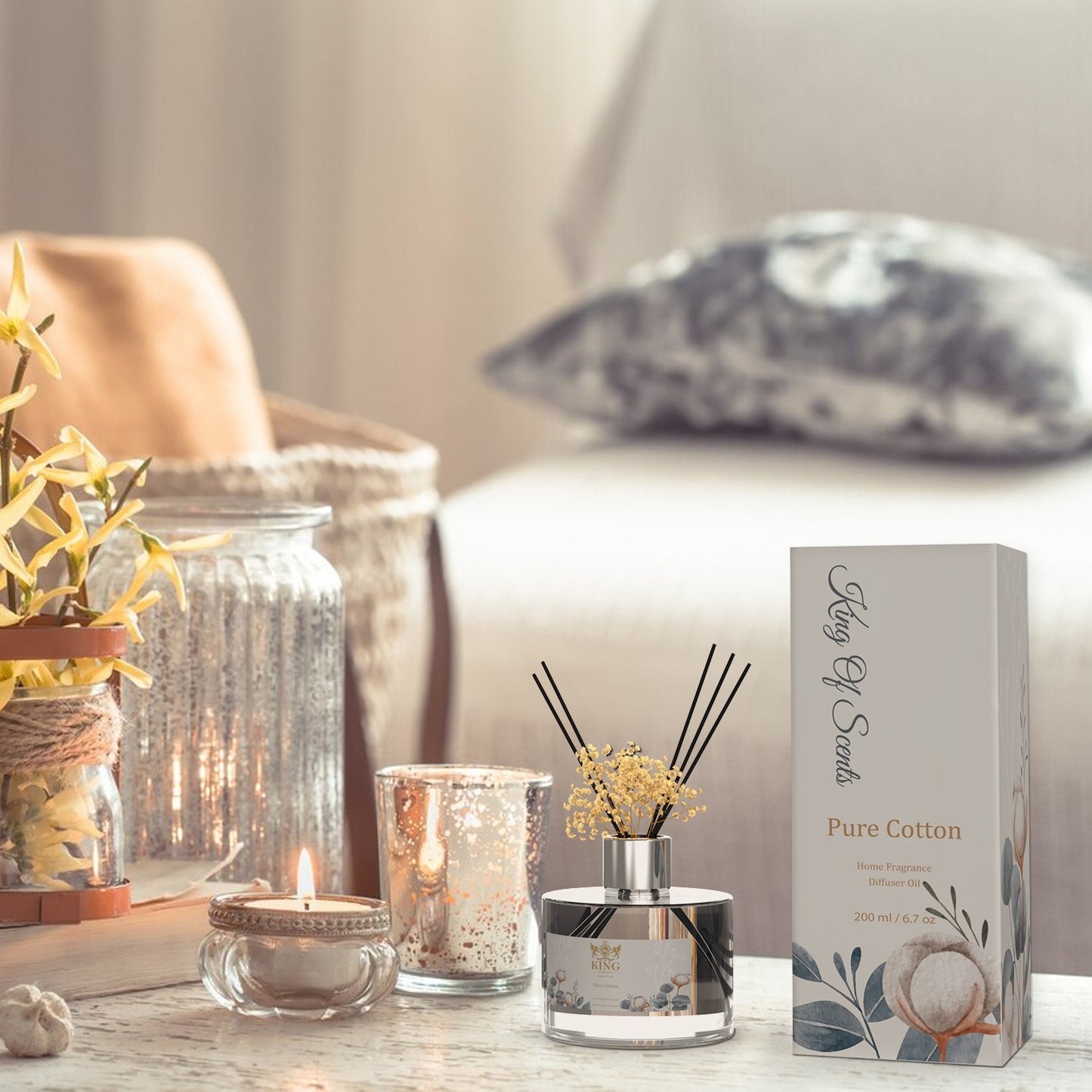 KING OF SCENTS Reed Diffuser (120ml) Pure Cotton Reed Diffuser Set,Reed Diffuser & Oil Diffuser Sticks with Flower, Aromatherapy, Home & Kitchen Décor,Fragrance and Gifts