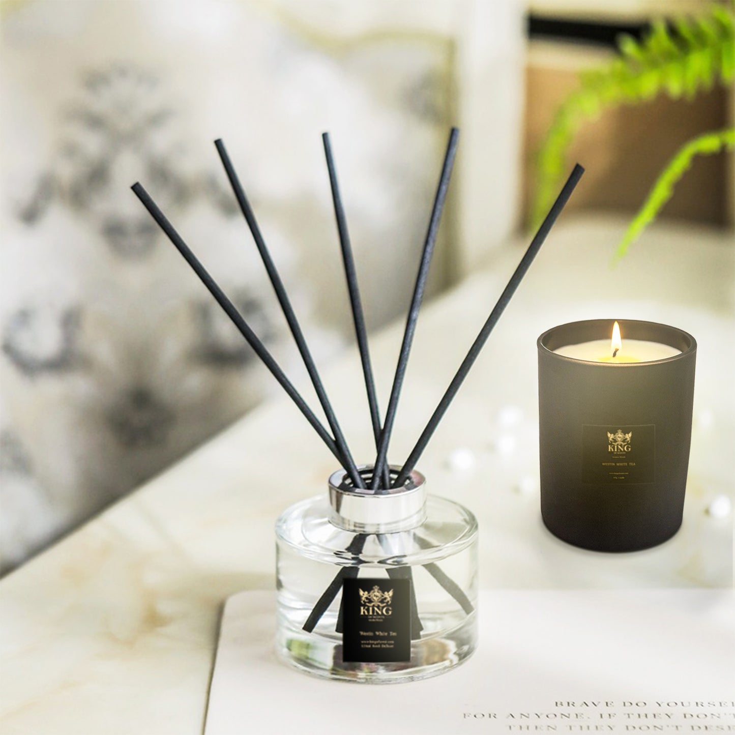 KING OF SCENTS Reed Diffuser (120ml) Westin White Tea Reed Diffuser + Candle Set,Reed Diffuser & Oil Diffuser Sticks, Aromatherapy, Home & Kitchen Décor,Fragrance and Gifts…