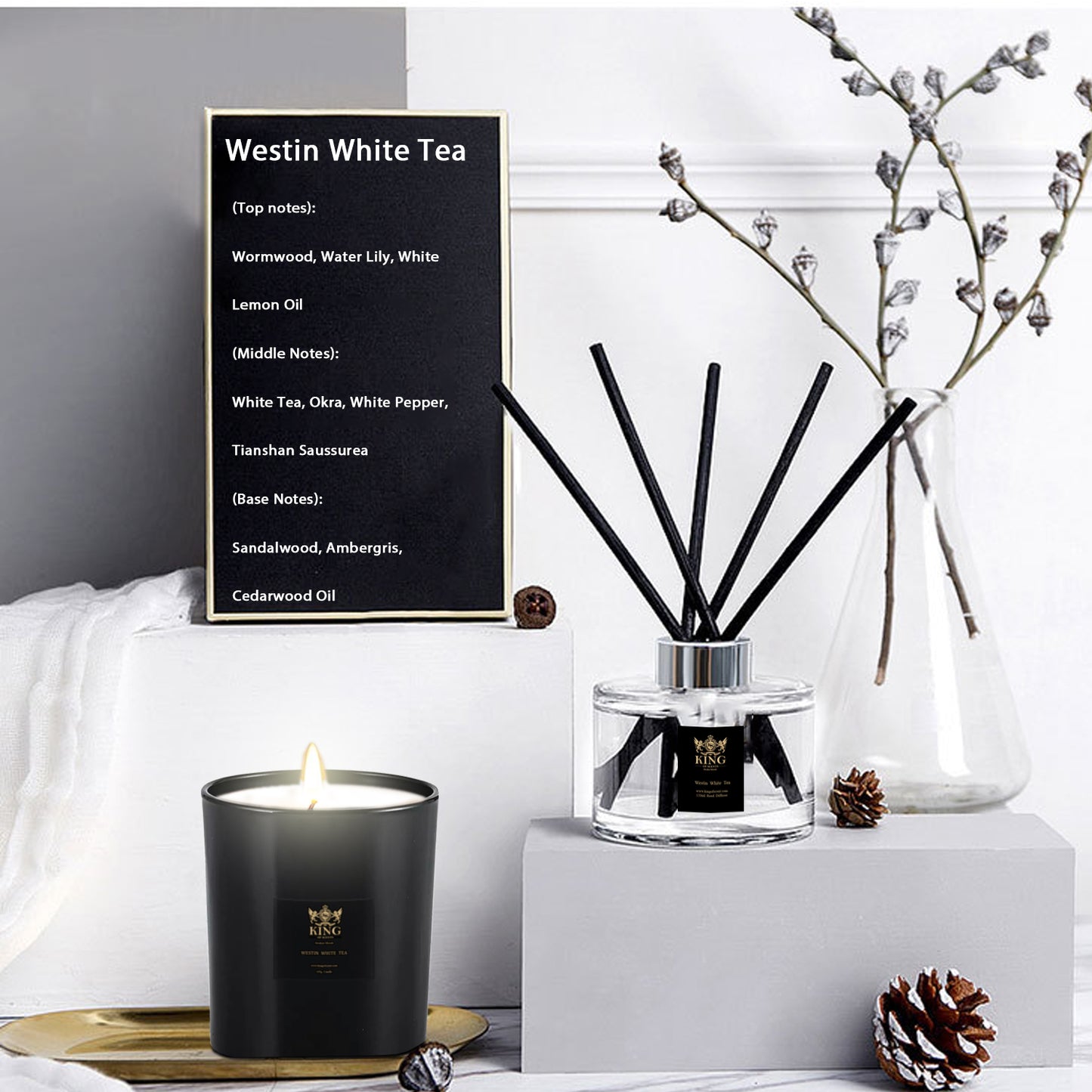 KING OF SCENTS Reed Diffuser (120ml) Westin White Tea Reed Diffuser + Candle Set,Reed Diffuser & Oil Diffuser Sticks, Aromatherapy, Home & Kitchen Décor,Fragrance and Gifts…