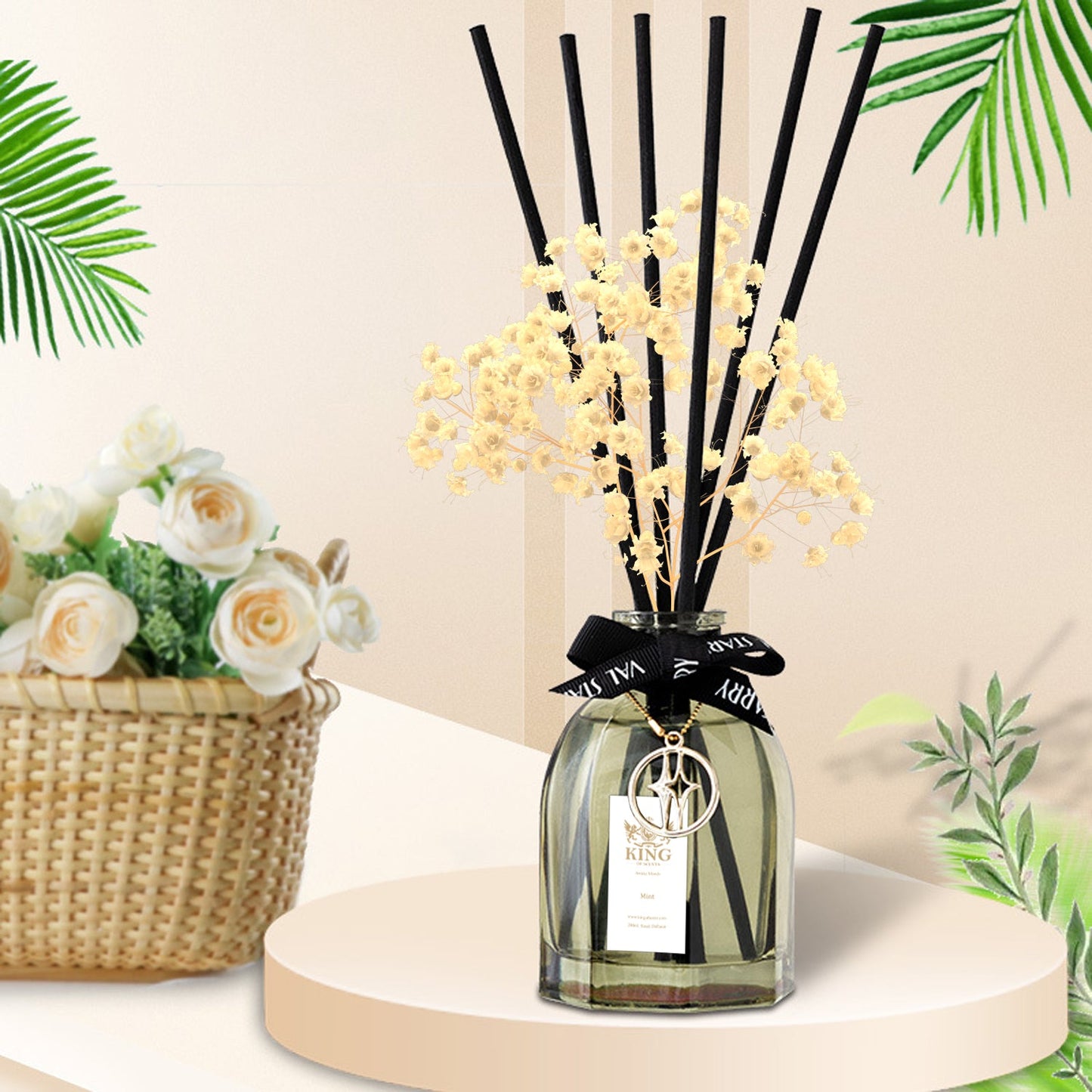 Mint Reed Diffuser Set,Reed Diffuser & Oil Diffuser Sticks with Flower, Aromatherapy, Home & Kitchen Décor,Fragrance and Gifts (Pack Of 3)