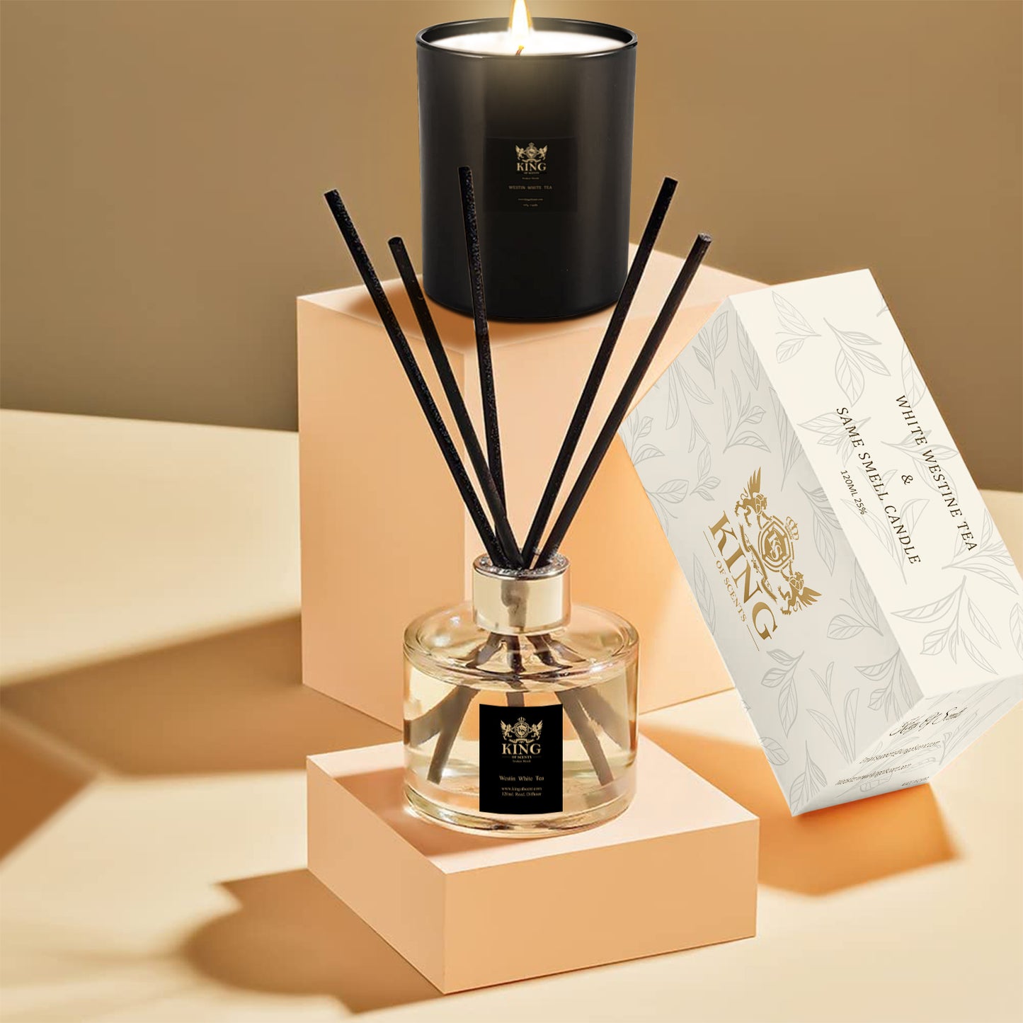 KING OF SCENTS Reed Diffuser (120ml) Westin White Tea Reed Diffuser + Candle Set,Reed Diffuser & Oil Diffuser Sticks, Aromatherapy, Home & Kitchen Décor,Fragrance and Gifts…