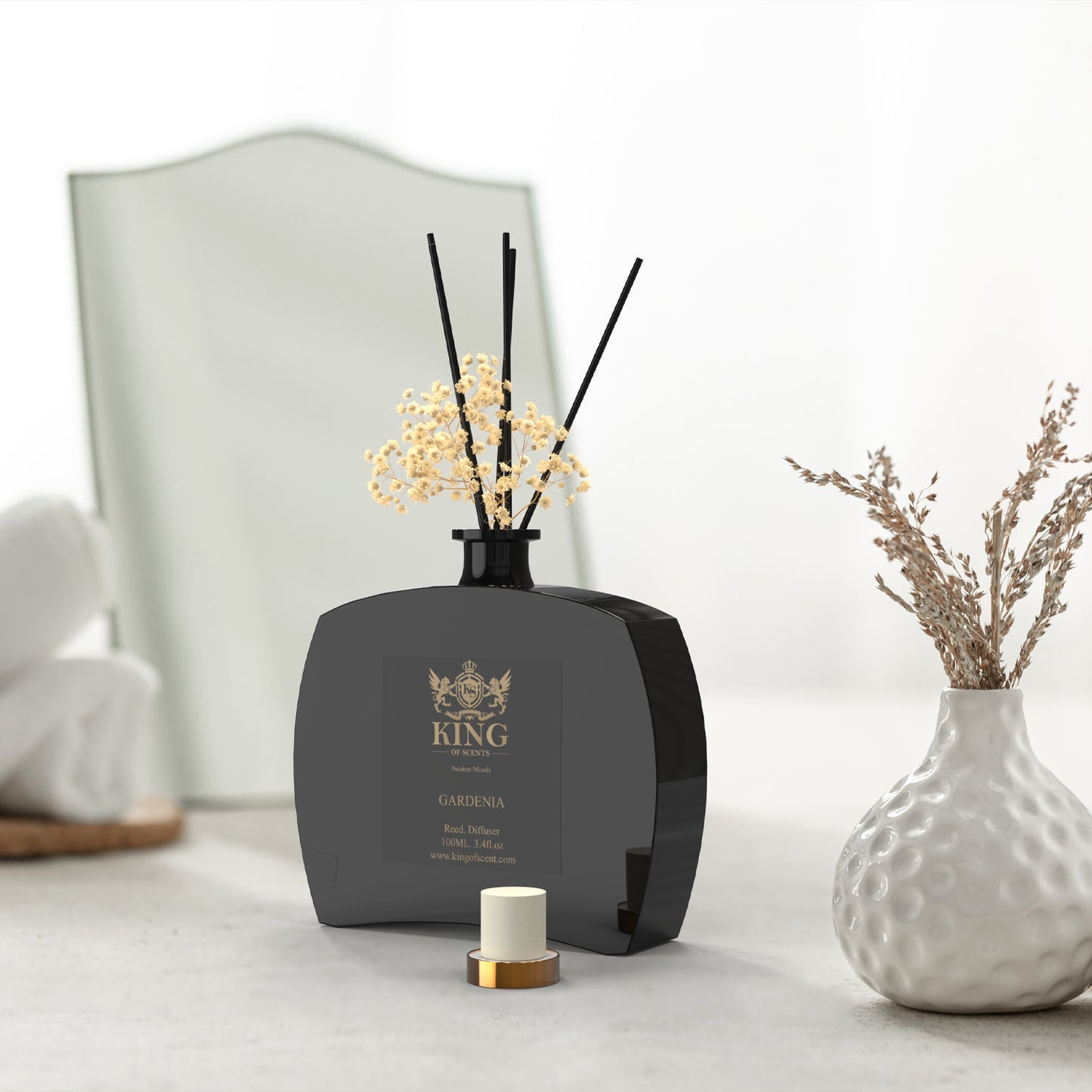 King of scents Aroma Premium Reed Diffuser Set with Preserved Baby's Breath & Cotton Stick GARDENIA Scent Fragrance Oil Diffuser for Bedroom Bathroom Home Décor