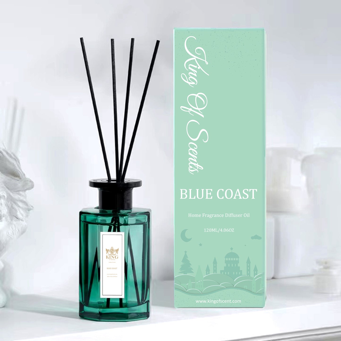 KING OF SCENTS Reed Diffuser (120ml) Blue Coast Reed Diffuser Set,Reed Diffuser & Oil Diffuser Sticks with Flower, Aromatherapy, Home & Kitchen Décor,Fragrance and Gifts