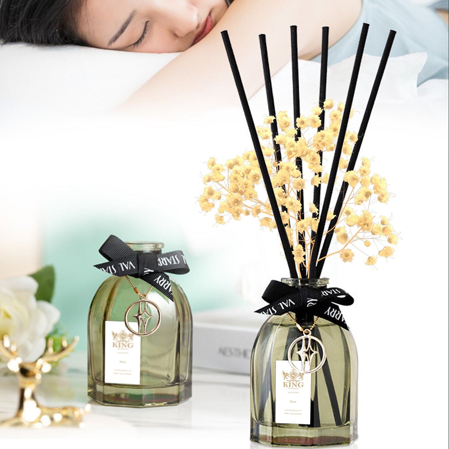 Mint Reed Diffuser Set,Reed Diffuser & Oil Diffuser Sticks with Flower, Aromatherapy, Home & Kitchen Décor,Fragrance and Gifts (Pack Of 3)